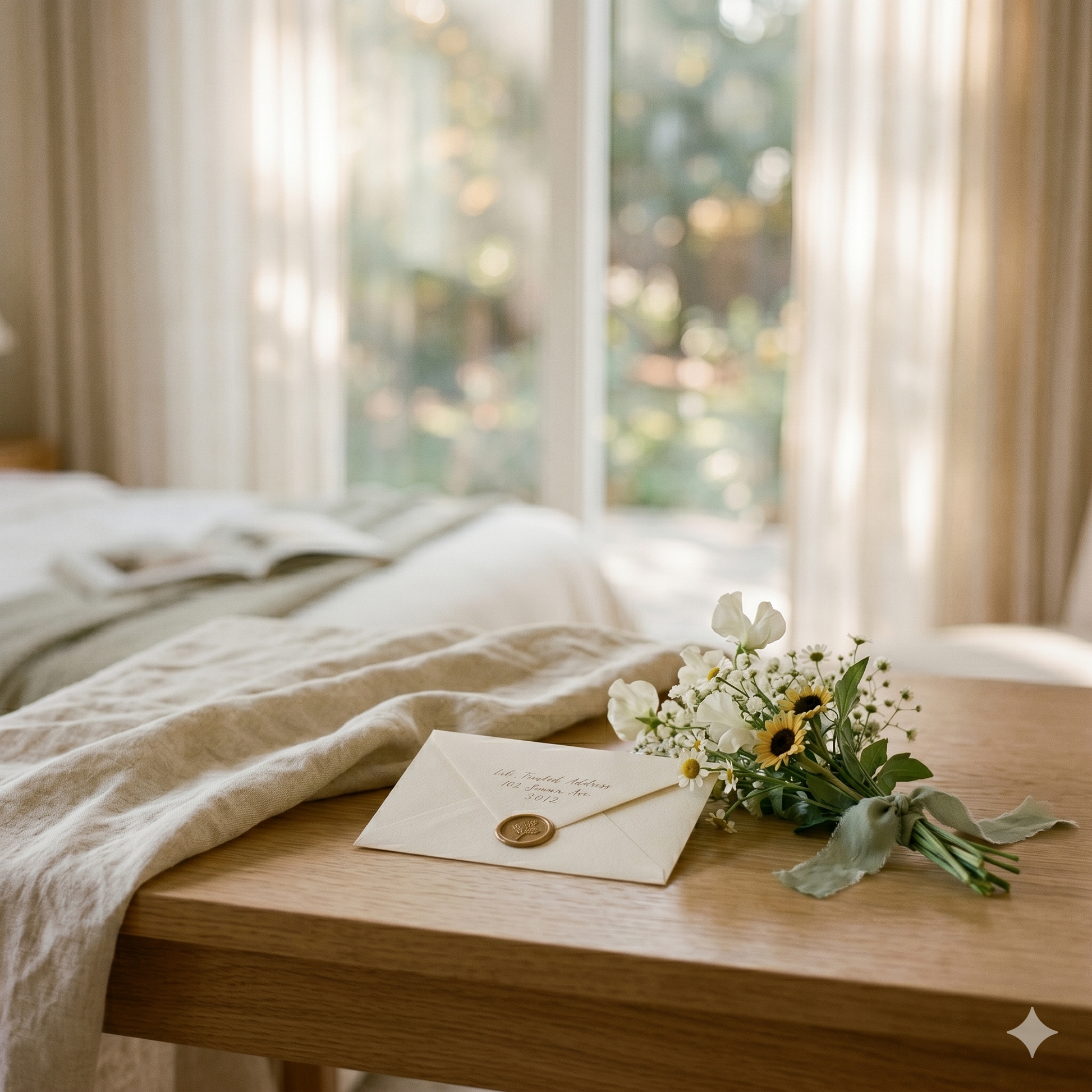 Floral arrangement and card on a wooden table with a blurred window background