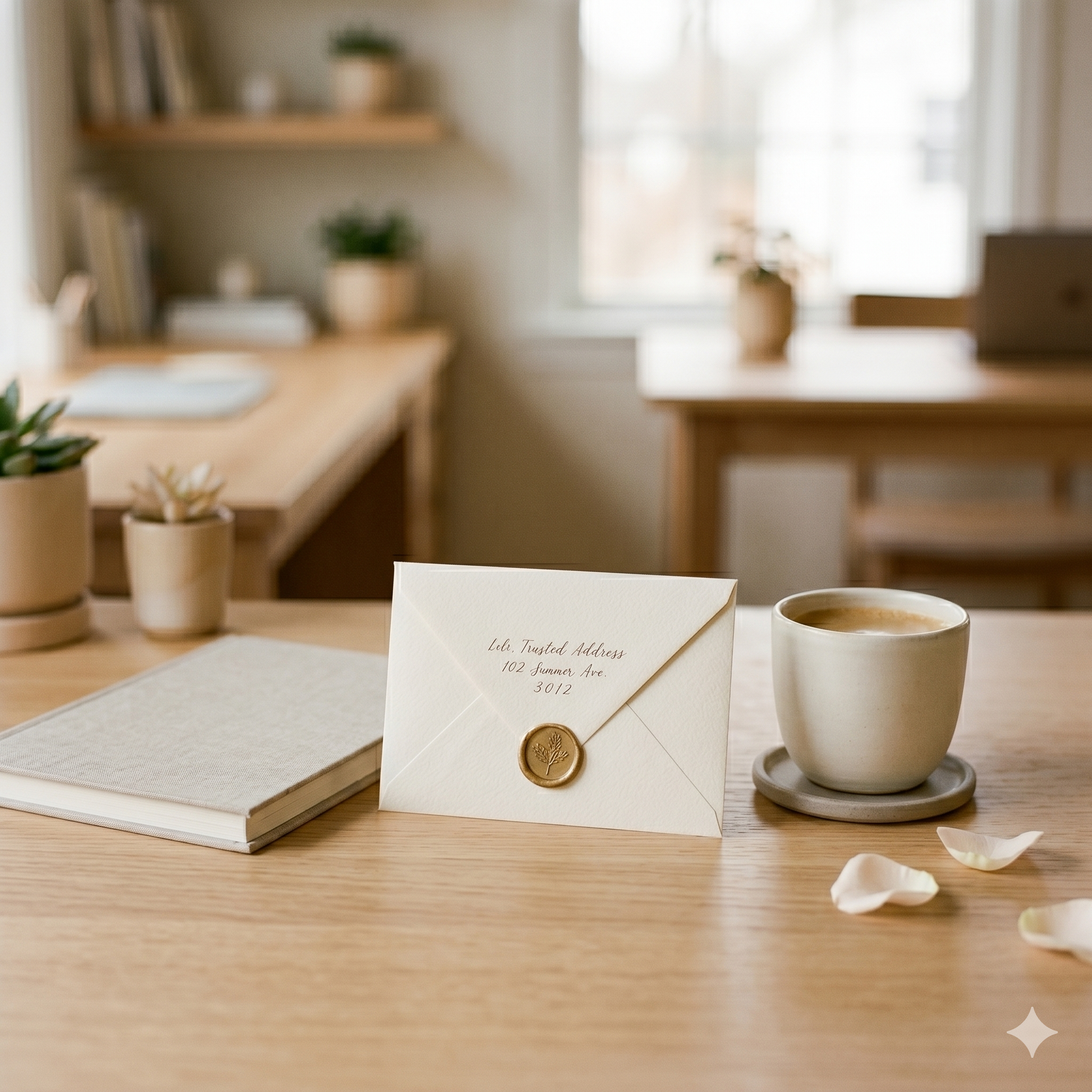 Envelopes with a gold seal on a wooden desk with a cup of coffee and books.